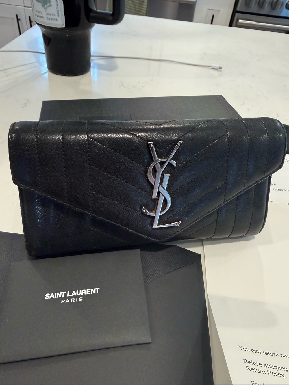 Saint Laurent Black Quilted Leather YSL Logo Envelope Wallet